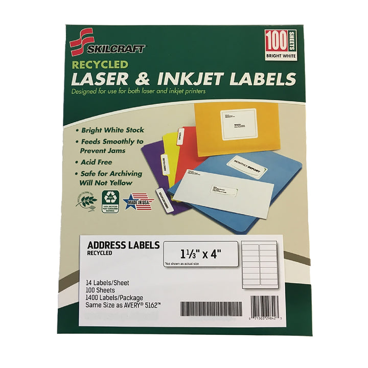 Image of SKILCRAFT® Recycled Laser and Inkjet Labels, Address and Shipping, 1-1/3" x 4", 14/Sheet, 1400 Labels