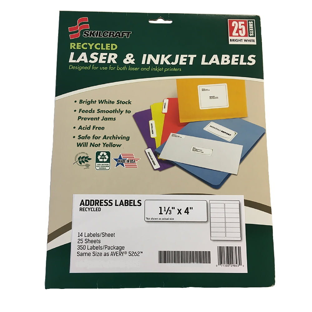Image of SKILCRAFT® Recycled Laser and Inkjet Labels, Address and Shipping, 1-1/3" x 4", 14/Sheet, 350 Labels