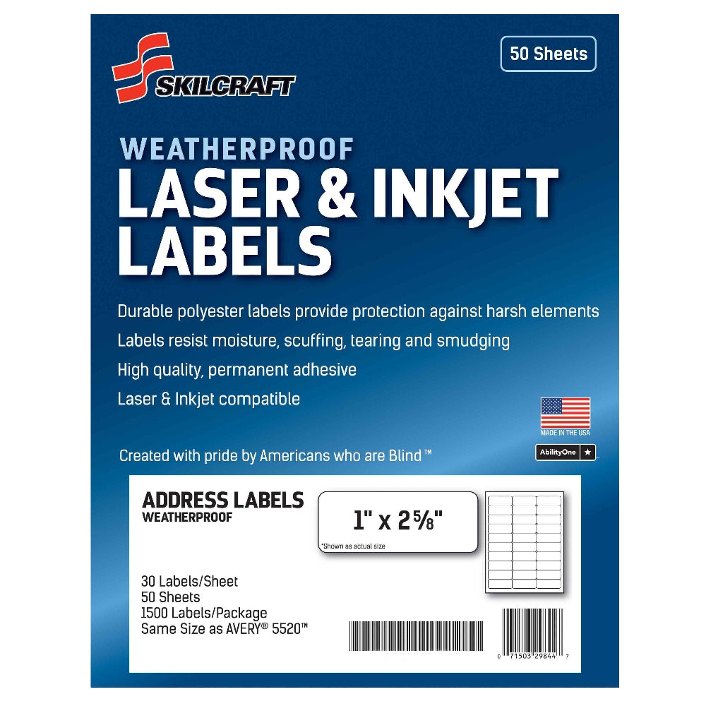 Image of SKILCRAFT® Weatherproof Laser and Inkjet Labels, Address, 1" x 2-5/8", 30/Sheet, 1500 Labels, 1500/Package, Case of 18 Packages