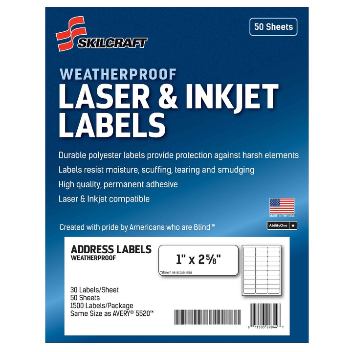 Image of SKILCRAFT® Weatherproof Laser and Inkjet Labels, Address, 1" x 2-5/8", 30/Sheet, 1500 Labels, 1500/Package, Case of 18 Packages
