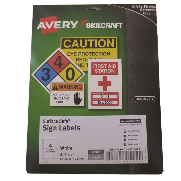 Image of SKILCRAFT® Avery® Surface Safe Sign Labels, 3-1/2" x 5",  4/Sheet, 60 Labels