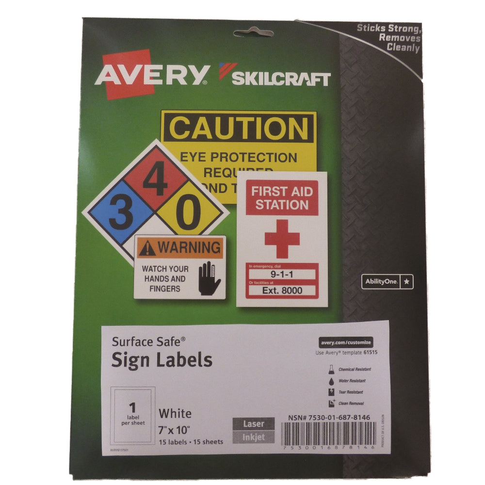 Image of SKILCRAFT® Avery® Surface Safe Sign Labels, 7" x 10", 1/Sheet, 15 Labels