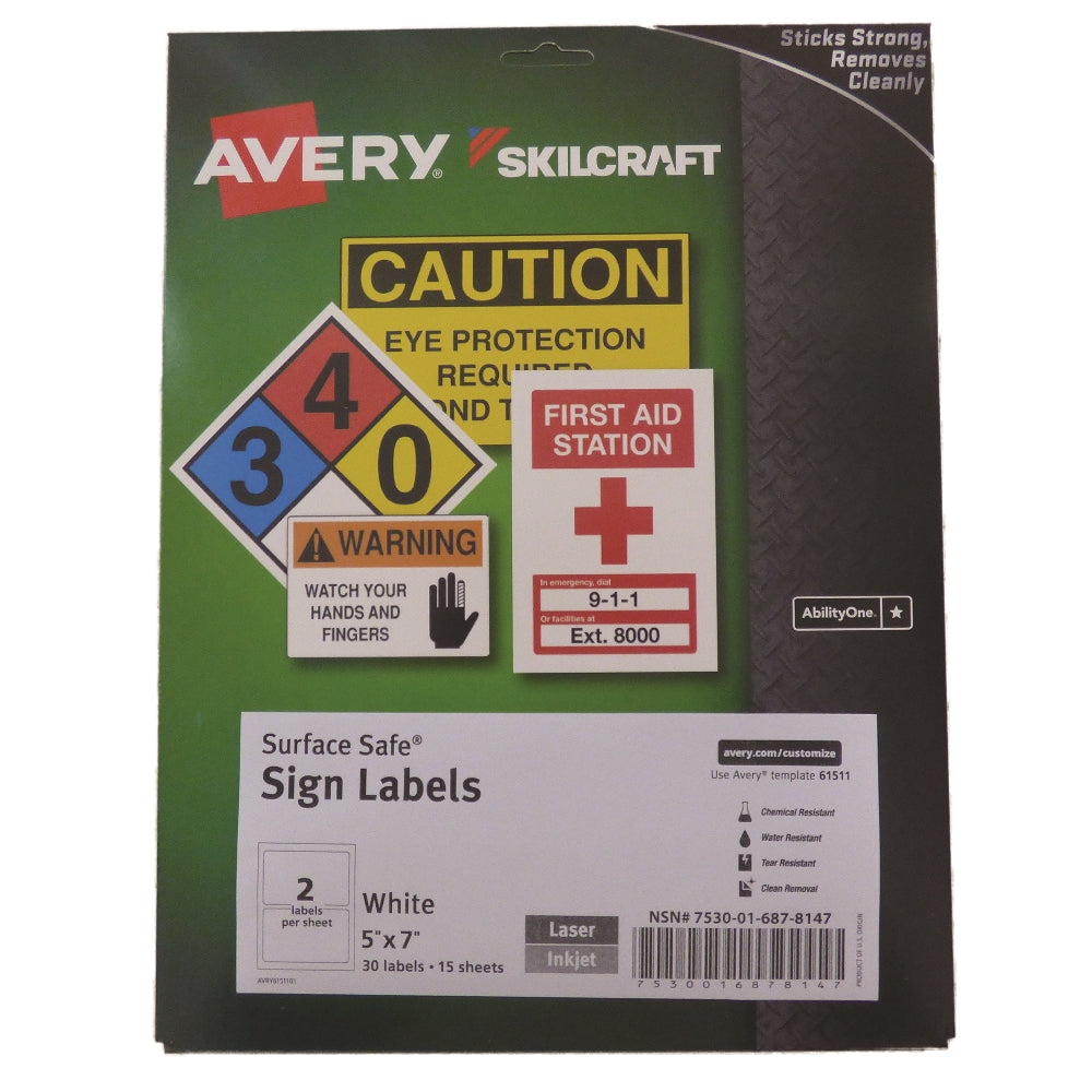 Image of SKILCRAFT® Avery® Surface Safe Sign Labels, 5" x 7", 2/Sheet, 30 Labels