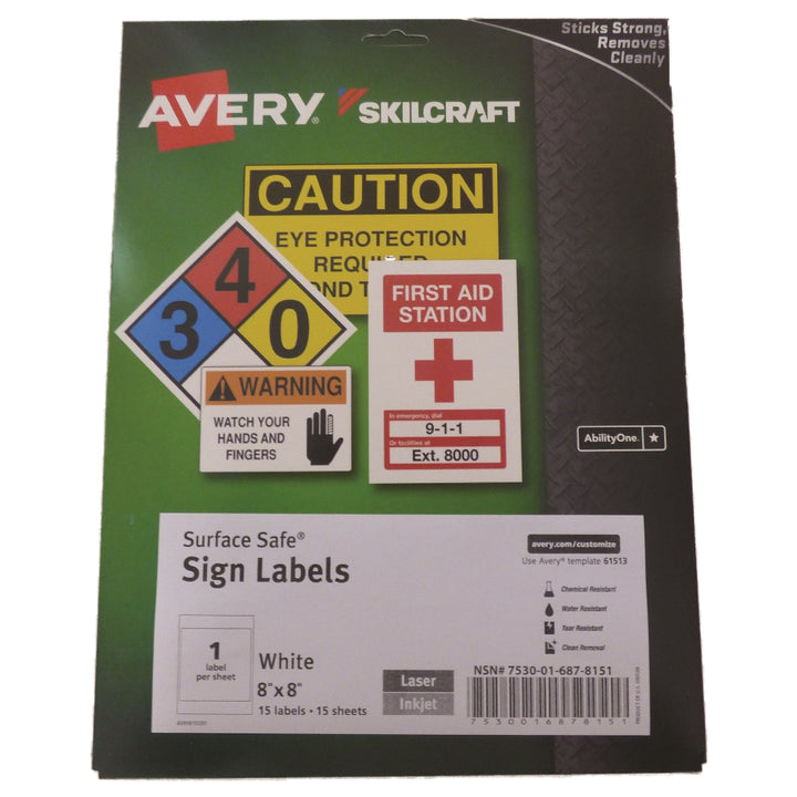 Image of SKILCRAFT® Avery® Surface Safe Sign Labels, 8" x 8", 1/Sheet, 15 Sheets/Box, Case of 12 Boxes