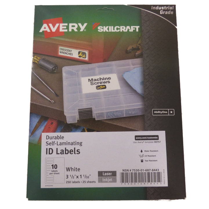 Image of SKILCRAFT® Avery® Durable Self-Laminating ID Labels, Permanent Adhesive, 1-1/32" x 3-1/2", 10/Sheet, 250 Labels