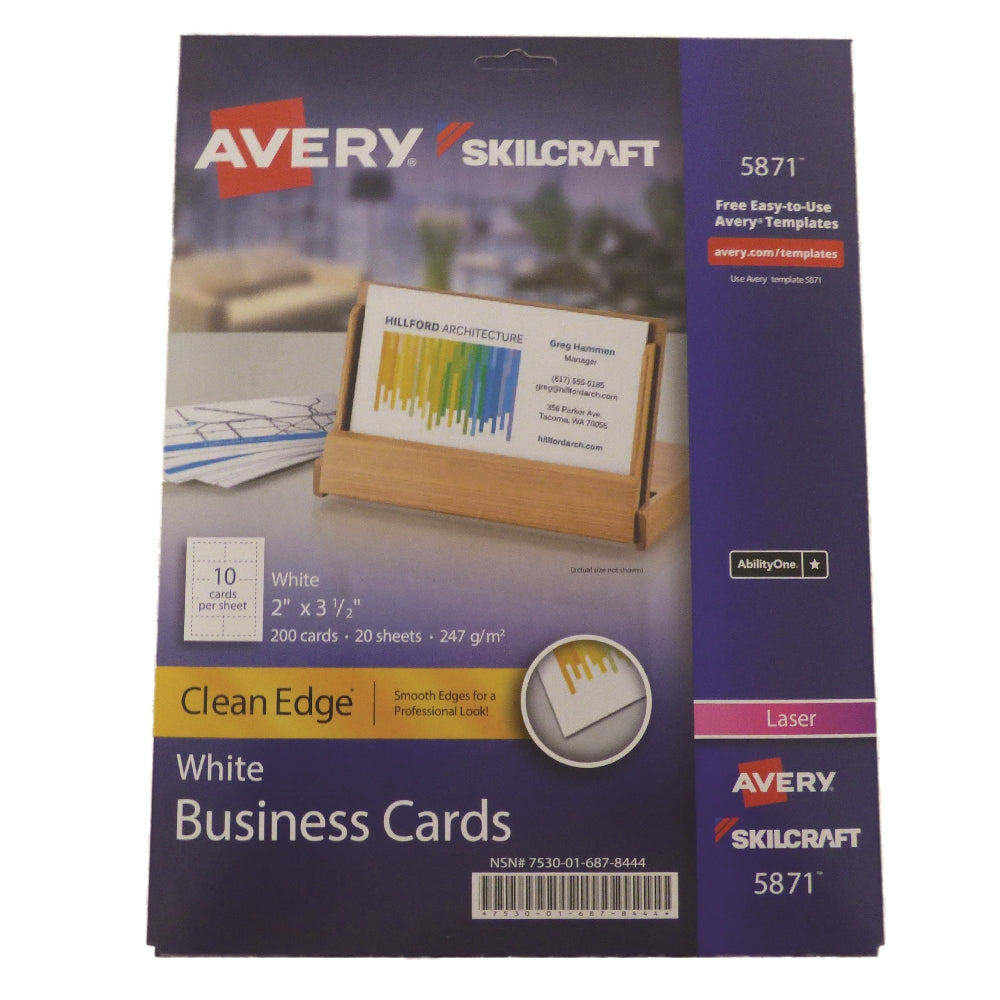 Image of SKILCRAFT® Avery® Clean Edge Business Cards, Uncoated, Two-Sided Printing, 2" x 3-1/2", 10/Sheet, 200 Cards