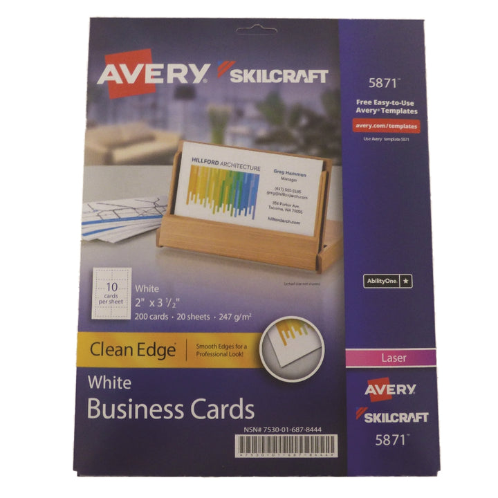 Image of SKILCRAFT® Avery® Clean Edge Business Cards, Uncoated, Two-Sided Printing, 2" x 3-1/2", 10/Sheet, 20 Sheets/Package, Case of 12 Packages
