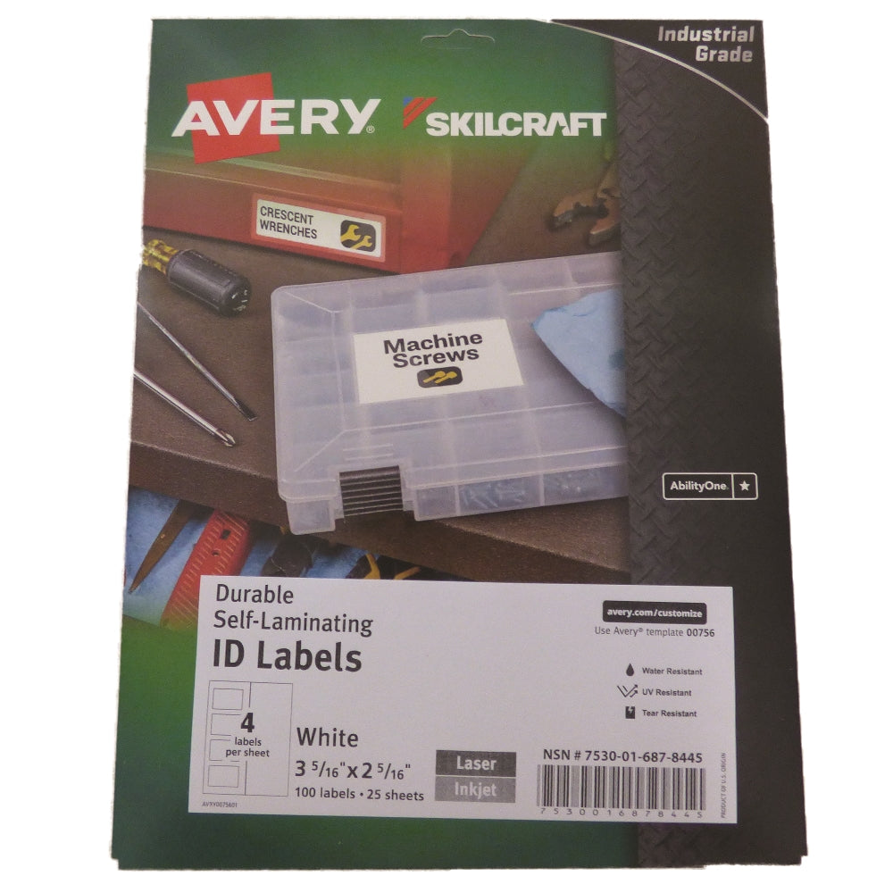 Image of SKILCRAFT® Avery® Durable Self-Laminating ID Labels, Permanent Adhesive, 2-5/16" x 3-5/16", 4/Sheet, 100 Labels
