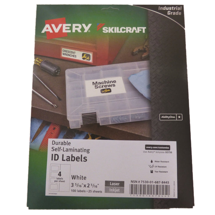 Image of SKILCRAFT® Avery® Durable Self-Laminating ID Labels, Permanent Adhesive, 2-5/16" x 3-5/16", 4/Sheet, 100 Labels