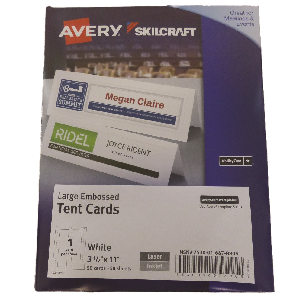 Image of SKILCRAFT® Avery® Tent Cards, Uncoated, Embossed, Two-Sided Printing, Large 3-1/2" x 11", 1/Sheet, 50 Cards