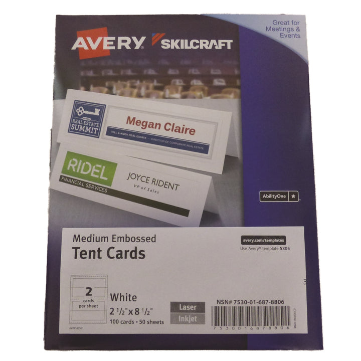 Image of SKILCRAFT® Avery® Tent Cards, Uncoated, Embossed, Two-Sided Printing, Medium 2-1/2" x 8-1/2", 2/Sheet, 100 Cards, 100/Package, Case of 18 Packages
