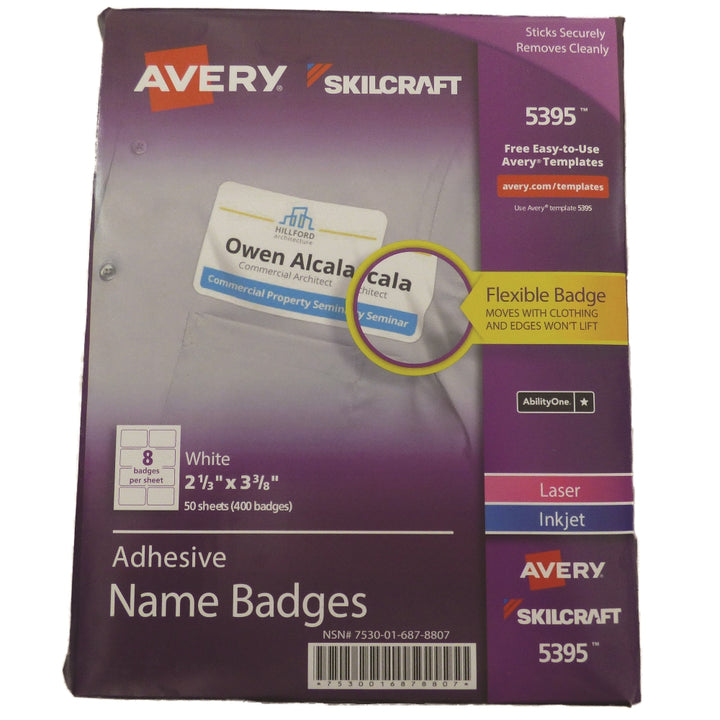 Image of SKILCRAFT® Avery® Adhesive Name Badges, 2-1/3" x 3-3/8", 8/Sheet, 400 Badges