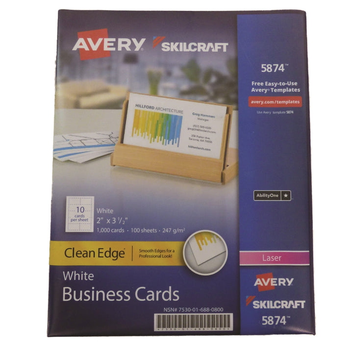Image of SKILCRAFT® Avery® Clean Edge Business Cards, Uncoated, Two-Sided Printing, 2" x 3-1/2", 10/Sheet, 1000 Cards
