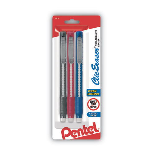 Image of Pentel® ZE21BP3-K6 Clic Eraser Grip Eraser, For Pencil Marks, White Eraser, Randomly Assorted Barrel Color, 3/pack