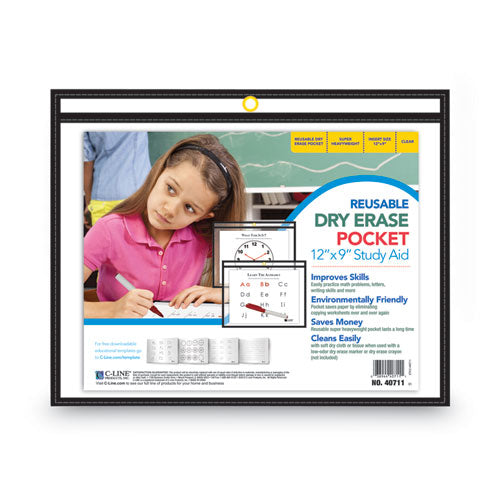 Image of C-Line® 40711 Reusable Dry Erase Pockets, Super Heavy-Duty, Top Load 12 x 9 Insert, Clear Front, Black Border