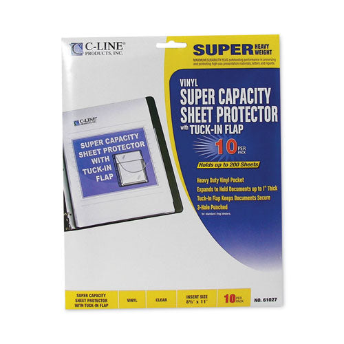 Image of C-Line® 61027 Super Capacity Sheet Protectors with Tuck-In Flap, Super Heavy-Duty, Side: 3-Hole Punched, 8.5 x 11 Insert, Clear, 10/Pack