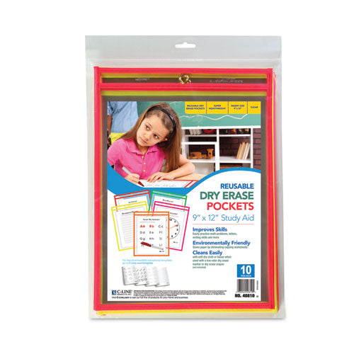 Image of C-Line® 40810 Reusable Dry Erase Pockets, Super Heavy-Duty, Top Load 9 x 12 Insert, Clear Front, Assorted Neon Border, 10/Pack