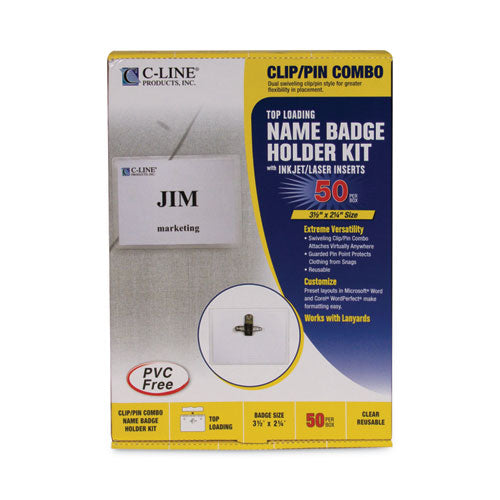 Image of C-Line® 95723 Name Badge Kits, Top Load, 3 1/2 X 2 1/4, Clear, Combo Clip/pin, 50/box