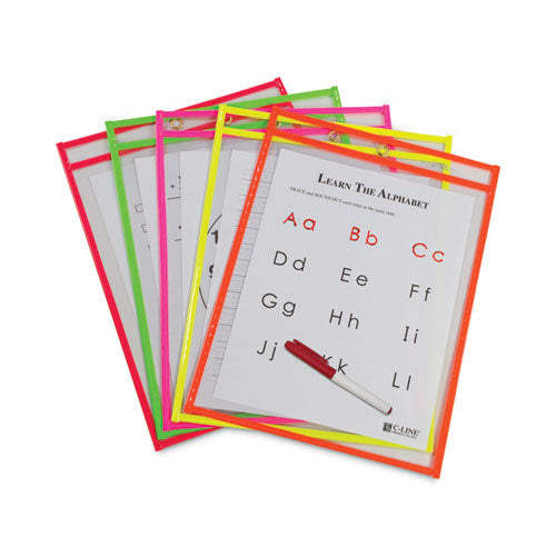 Image of C-Line® 40810 Reusable Dry Erase Pockets, Super Heavy-Duty, Top Load 9 x 12 Insert, Clear Front, Assorted Neon Border, 10/Pack