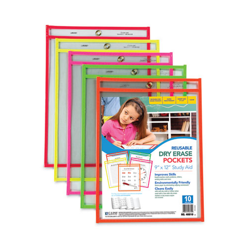 Image of C-Line® 40810 Reusable Dry Erase Pockets, Super Heavy-Duty, Top Load 9 x 12 Insert, Clear Front, Assorted Neon Border, 10/Pack