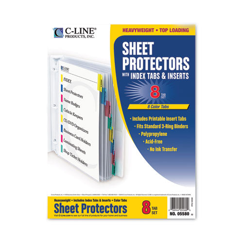 Image of C-Line® 05580 Sheet Protectors with Eight Assorted Index Tabs, Heavy-Duty, Side: 3-Hole Punched, Top Load 8.5 x 11 Insert, Clear, 8/Set