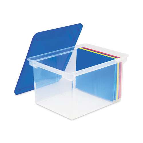Image of Storex Plastic File Tote, Letter/legal Files, 18.5" X 14.25" X 10.88", Clear/blue