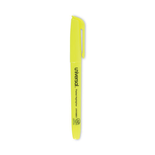 Image of Universal® UNV08851 Pocket Highlighters, Fluorescent Yellow Ink, Chisel Tip, Yellow Barrel, Dozen