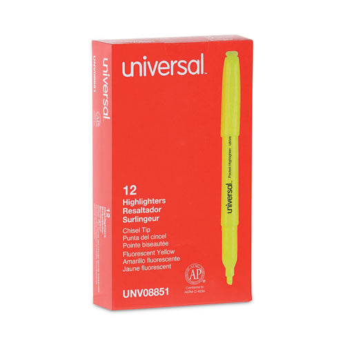 Image of Universal® UNV08851 Pocket Highlighters, Fluorescent Yellow Ink, Chisel Tip, Yellow Barrel, Dozen