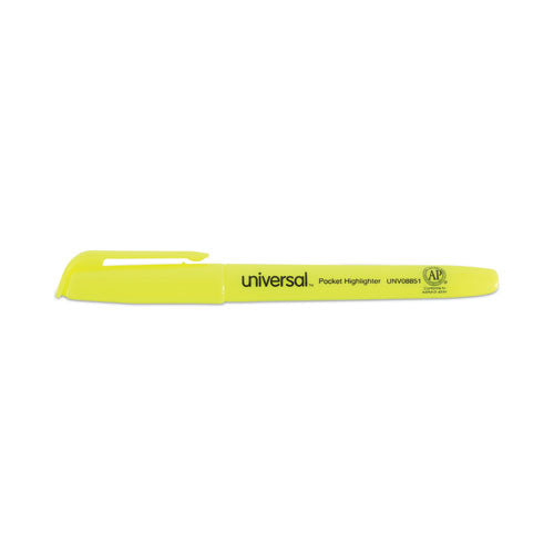 Image of Universal® UNV08851 Pocket Highlighters, Fluorescent Yellow Ink, Chisel Tip, Yellow Barrel, Dozen