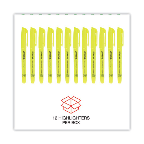 Image of Universal® UNV08851 Pocket Highlighters, Fluorescent Yellow Ink, Chisel Tip, Yellow Barrel, Dozen