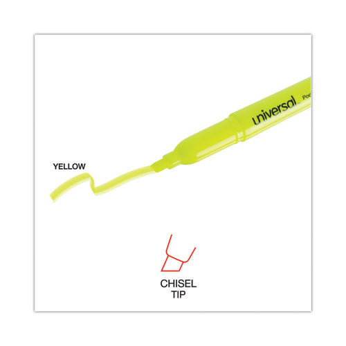 Image of Universal® UNV08851 Pocket Highlighters, Fluorescent Yellow Ink, Chisel Tip, Yellow Barrel, Dozen