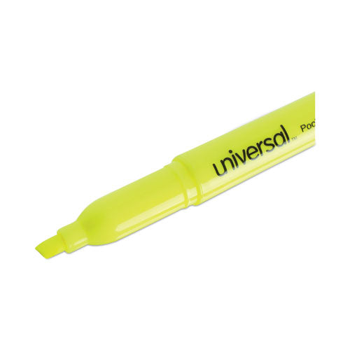 Image of Universal® UNV08851 Pocket Highlighters, Fluorescent Yellow Ink, Chisel Tip, Yellow Barrel, Dozen