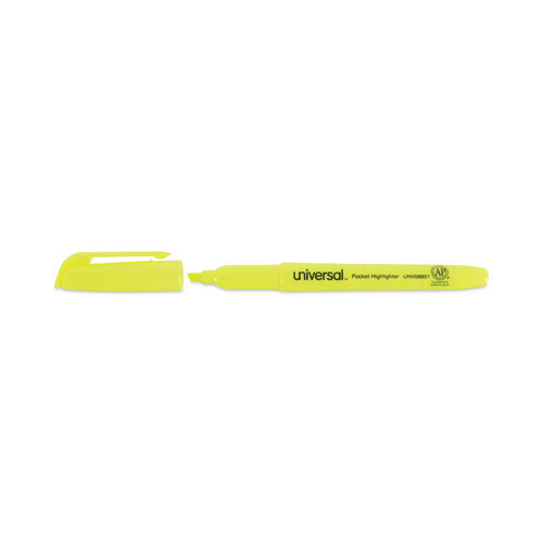 Image of Universal® UNV08851 Pocket Highlighters, Fluorescent Yellow Ink, Chisel Tip, Yellow Barrel, Dozen