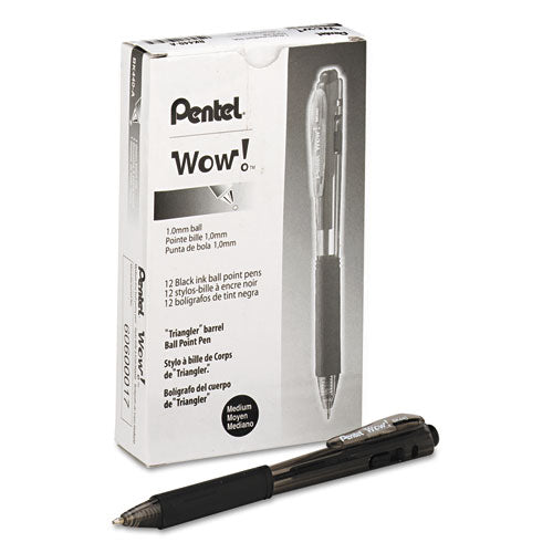 Image of Pentel® BK440-A WOW! Ballpoint Pen, Retractable, Medium 1 mm, Black Ink, Smoke/Black Barrel, Dozen