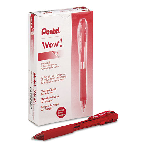 Image of Pentel® BK440-B WOW! Ballpoint Pen, Retractable, Medium 1 mm, Red Ink, Translucent Red/Red Barrel, Dozen