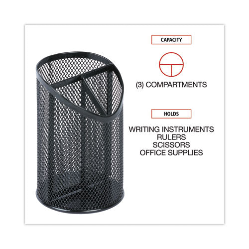 Image of Universal® UNV20019 Metal Mesh 3-Compartment Pencil Cup, 4.13" Diameter x 6"h, Black
