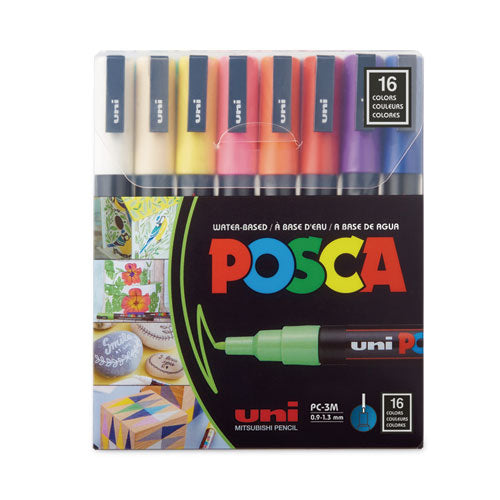 Image of POSCA PC3M16C Water-Based Paint Markers, Fine Bullet Tip, Assorted Colors,16/Pack