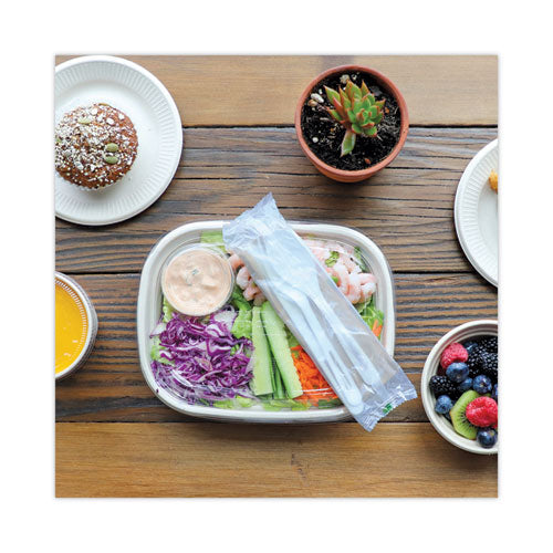 Image of World Centric® ASPSTN TPLA Wrapped Cutlery, Fork/Knife/Napkin/Spoon, Plastic, Light Beige, 250/Carton