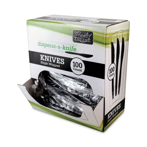 Image of Berkley Square BEP90200 Dispens-a-Knife, Individually Wrapped, Mediumweight Knife, Plastic, Black, 100/Box