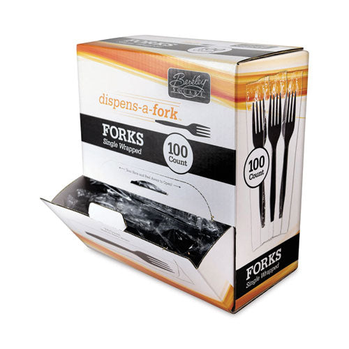 Image of Berkley Square BEP90202 Dispens-a-Fork, Individually Wrapped, Mediumweight Fork, Plastic, Black, 100/Box