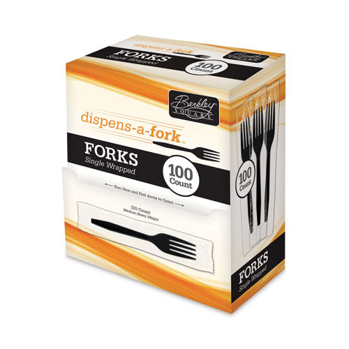 Image of Berkley Square BEP90202 Dispens-a-Fork, Individually Wrapped, Mediumweight Fork, Plastic, Black, 100/Box