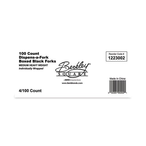 Image of Berkley Square BEP90202 Dispens-a-Fork, Individually Wrapped, Mediumweight Fork, Plastic, Black, 100/Box