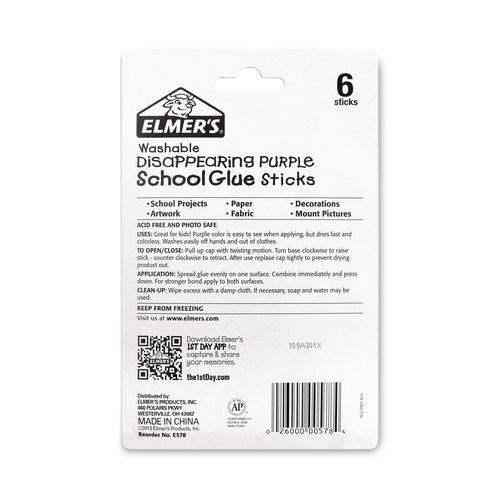 Image of Elmer's® E578 School Glue Stick, 0.77 oz, Applies Purple, Dries Clear, 6/Pack
