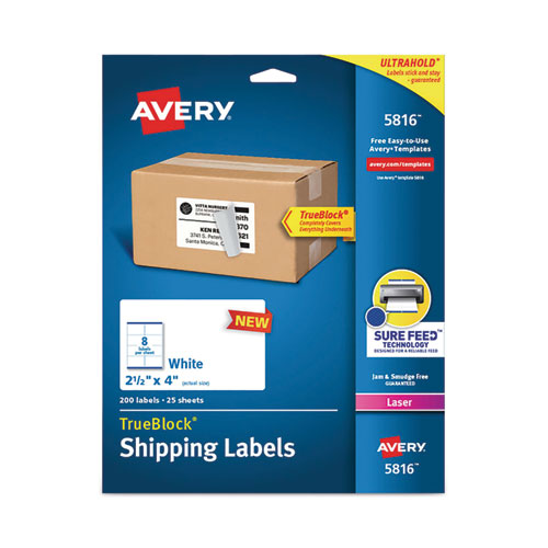 Image of Avery® 5816 Shipping Labels with TrueBlock Technology, Laser Printers, 2.5 x 4, White, 8/Sheet, 25 Sheets/Pack