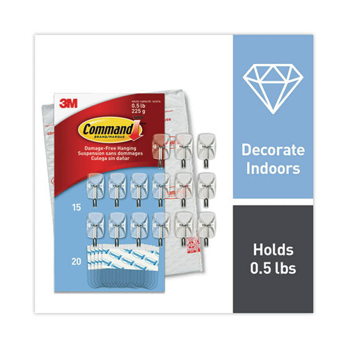 Image of Command 17067CLR-15NA Small Wire Hooks, Small, Plastic/Metal, Clear, 0.5 lb Capacity, Clear, 15 Hooks and 20 Strips/Pack