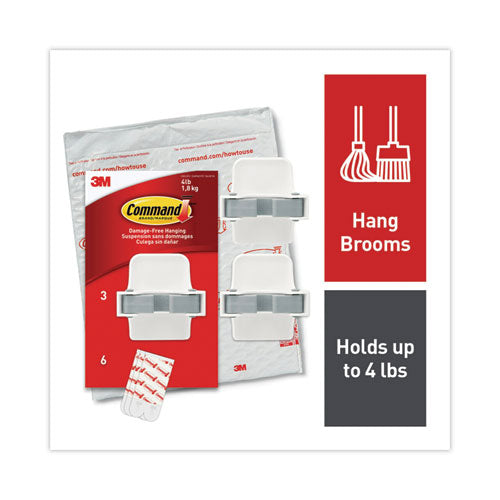 Image of Command 17007-3NA Broom Gripper, 3.12w x 1.85d x 3.34h, White/Gray, 3 Grippers/6 Strips