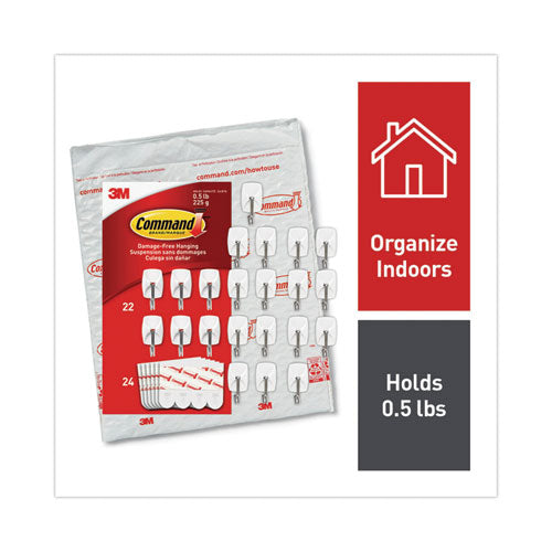 Image of Command 17067-22NA Small Wire Hooks, Small, Plastic/Metal, White, 0.5 lb Capacity, 22 Hooks and 24 Strips/Pack