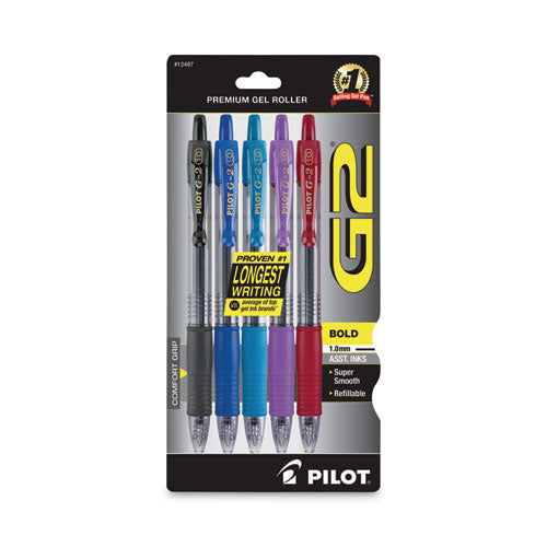 Image of Pilot® 12487 G2 Premium Gel Pen, Retractable, Bold 1 mm, Assorted Ink and Barrel Colors, 5/Pack