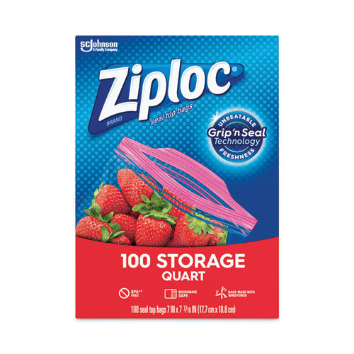 Image of ZiplocÂ® Seal Top Bags, Quart, 7.44" x 7", Clear, 100/Box