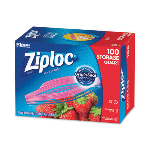 Image of ZiplocÂ® Seal Top Bags, Quart, 7.44" x 7", Clear, 100/Box